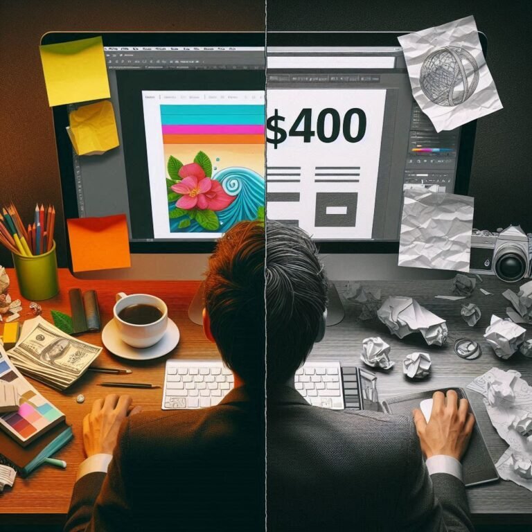 Split image of a designer working on a colorful creative project on one side and a basic $400 website project on the other side, illustrating the contrast between valuing creativity and underpricing work.