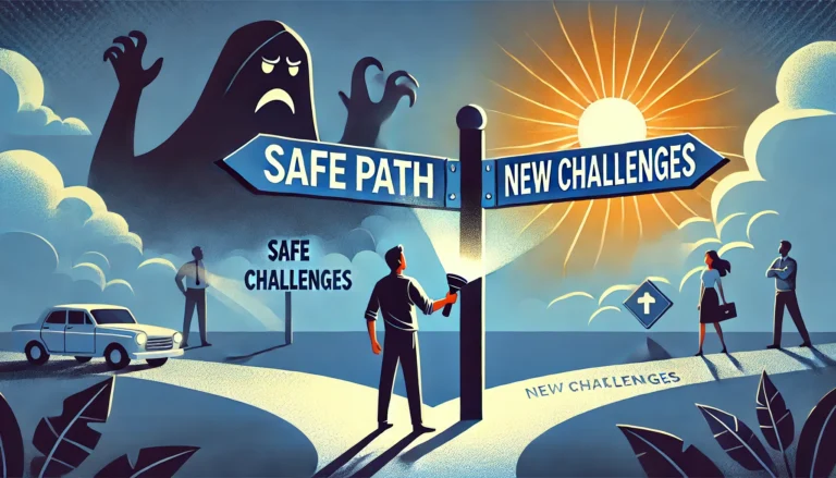 A person standing at a crossroads sign labeled ‘Safe Path’ and ‘New Challenges,’ with a looming shadowy figure representing fear on the safe side and a bright sun on the challenge side, symbolizing overcoming career fears.