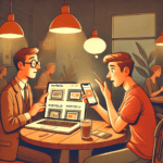 Freelancer presenting mobile and desktop designs to a client in a cozy cafe setting, illustrating the importance of mobile-first design in modern web development.