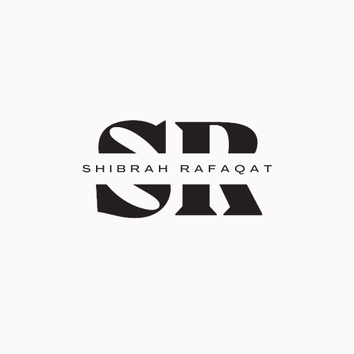 SR logo for Shibrah Rafaqat, with black bold stylized initials and name in a sleek, modern font.