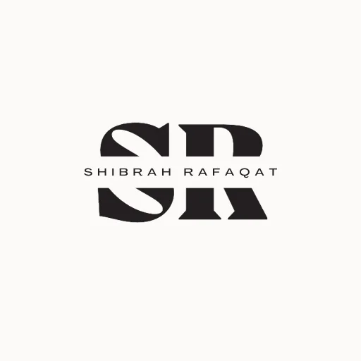 SR logo for Shibrah Rafaqat, with black bold stylized initials and name in a sleek, modern font.